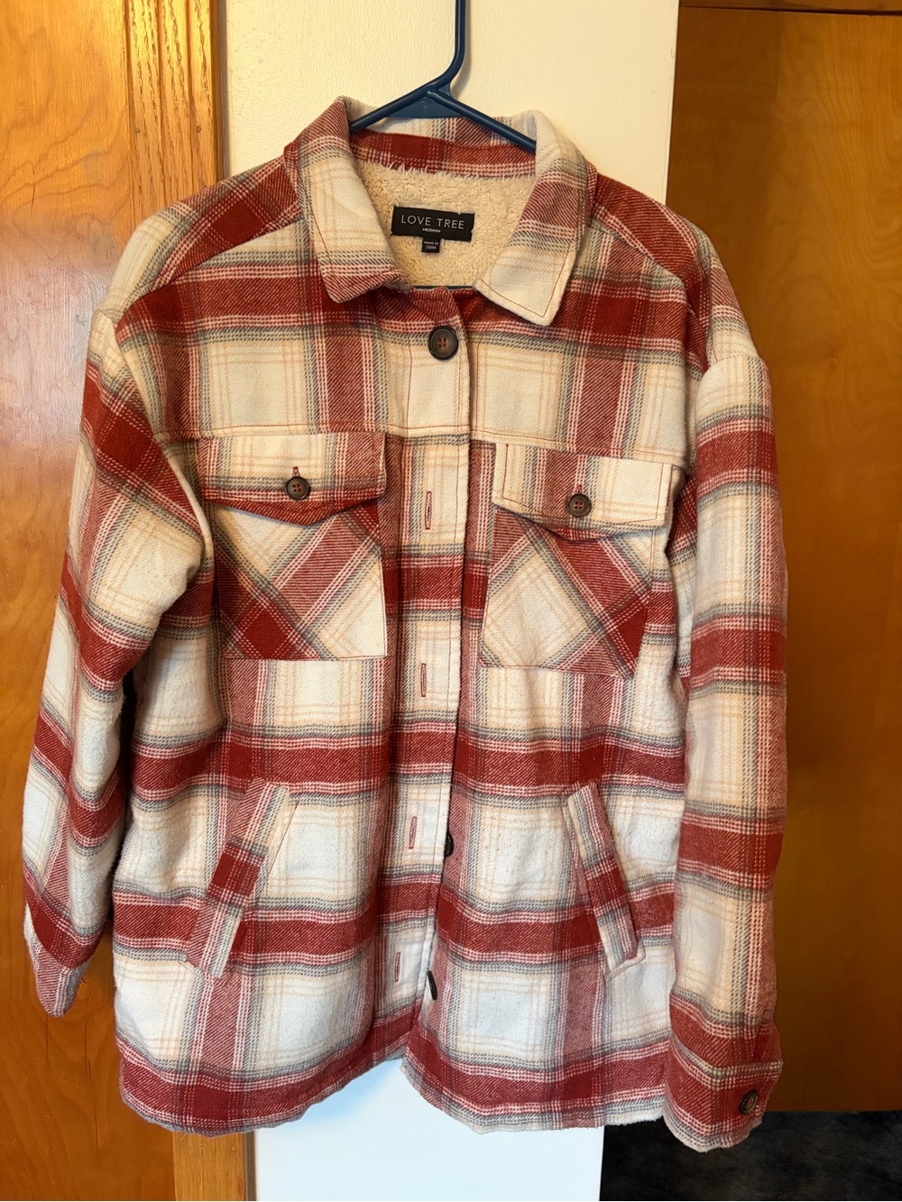 Love Tree Red & Cream Plaid Utility Shacket